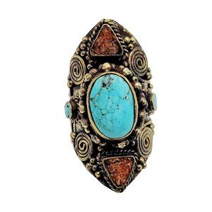 14.Vintage Huge Tibetian Handmade w/ Turquoise & Coral Brass Ring (A402)